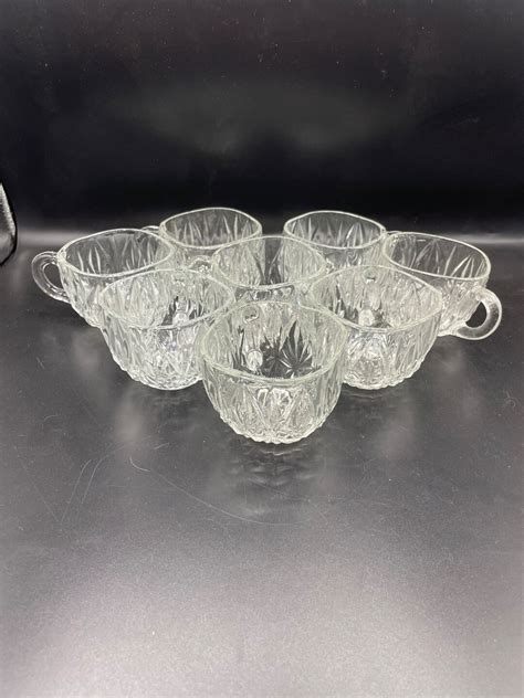 Set Of 8 Vintage Hazel Atlas Punch Bowl Cups Pressed Glass Square