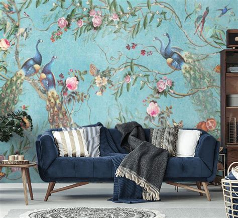 Wallpaper Mural With Birds Peel And Stick Chinoiserie Etsy