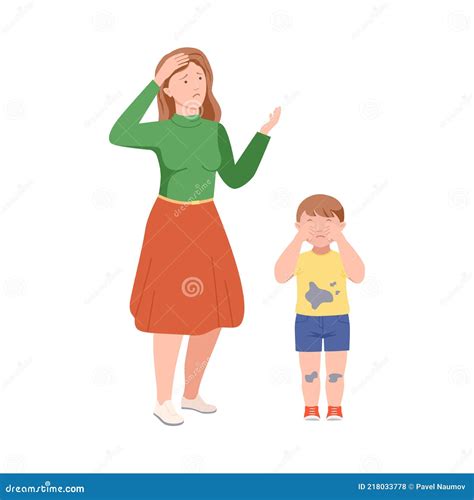 Annoyed Mother Scolding Her Son For Dirty Clothes Vector Illustration