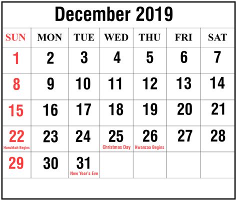 List Of December Holidays 2019 December 2019 Calendar With Holidays Date