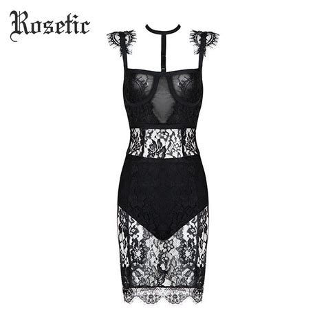 Rosetic Gothic Sheath Dress Midi Sexy Lace See Through Black Summer Spaghetti Strap Hollow Sexy