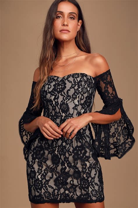 Sexy Black Lace Bodycon Ots Mini Dress Bell Sleeve Dress Lulus