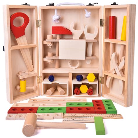 Fun Little Toys 43 Pcs Wooden Tool Box Set Kids Kits Boy T