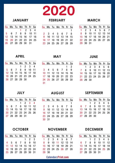 2020 Calendar Printable Free With Usa Holidays A4 Paper Size Blue