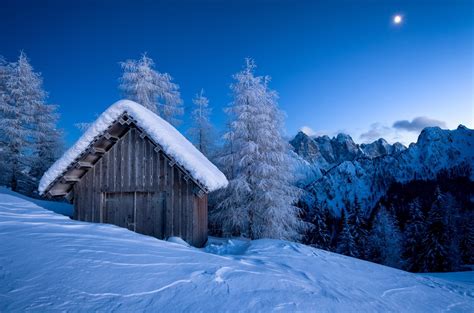 Hut Winter Snow Mountain Landscape Wallpapers Hd