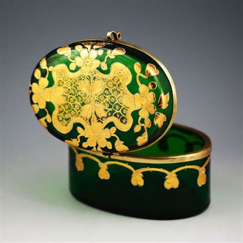 Antique Bohemian Moser Green Enameled Art Glass Trinket Box Hinged Lid Casket Glass Trinket