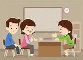Reunión de padres con el maestro en el aula. | Vector Premium