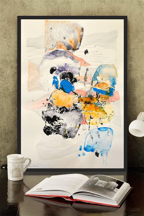 Stamps Original Abstract Painting On Paper White Black Blue Yellow