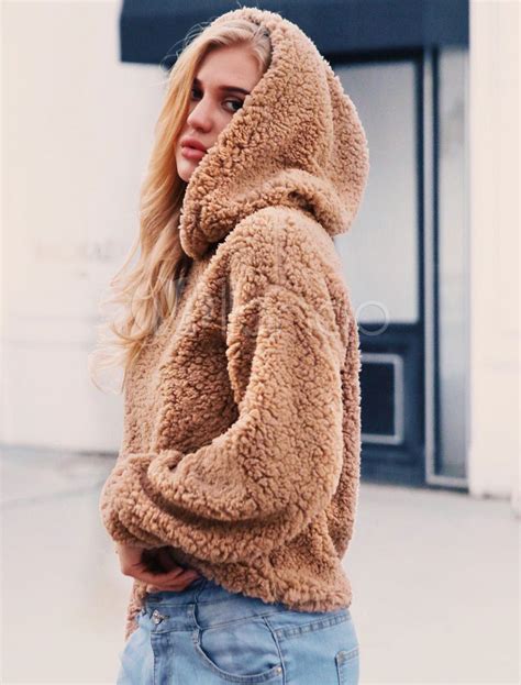 Faux Fur Hoodies Women Teddy Bear Sweatshirt Solid Color Hooded Top