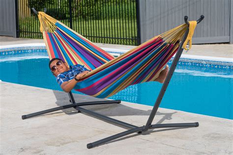 Vivere With Space Saving Steel Stand 9ft Double Sunbrella Hammock 450