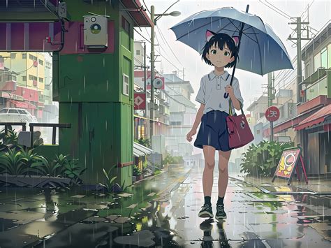 download wallpaper 3072x2304 girl ears bag umbrella rain anime hd background
