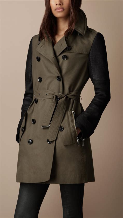 Lyst Burberry Brit Short Leather Sleeve Cotton Trench Coat In Green