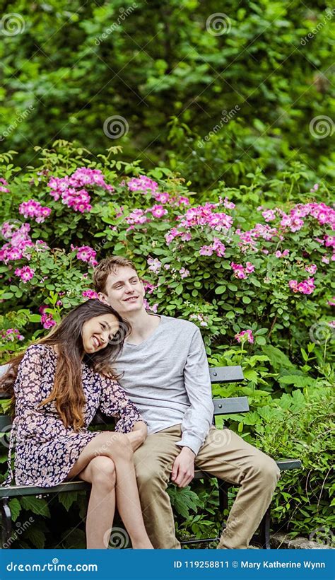 Romantische Paare Auf Bank Im Garten Stockbild Bild Von Gesund Nett