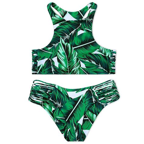 tropical green leaf print bikini strappy high neck raceback swimsuits for women green