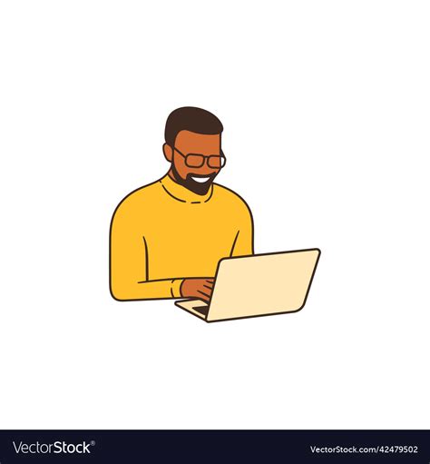 Sitting And Smiling Black Man Typing And Looking Vector Image
