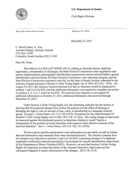 Department Of Justice Letter To South Carolina