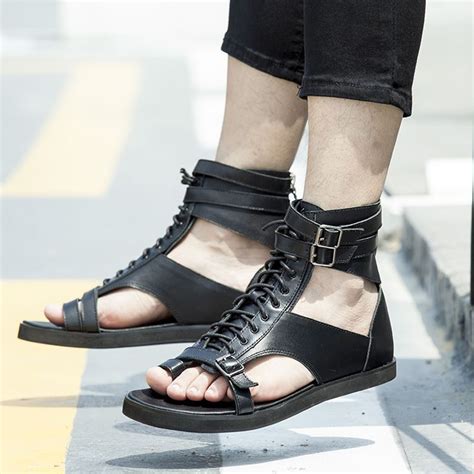 Mens Gladiator Sandals High Top Leather Lace Up Roman Sandals Flip Flops Shoes Ebay