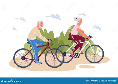 Pareja De Ancianos Disfrutando Del Ciclismo En Verano Parque Al Aire