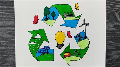 A Drawing Of A Green Recycle With Trees Houses And Windmills