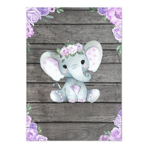 Girl Elephant Baby Shower Invitation Rustic Purple En 2021