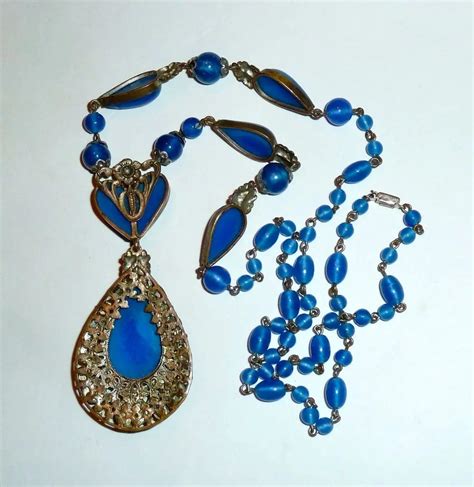 Art Deco Czech Brass And Blue Glass Pendant Necklace Bejewelled Ruby Lane