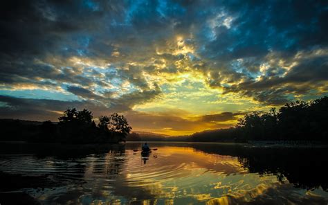 Download Wallpaper Sunset River Lake Reflection Clouds Kayak Sky