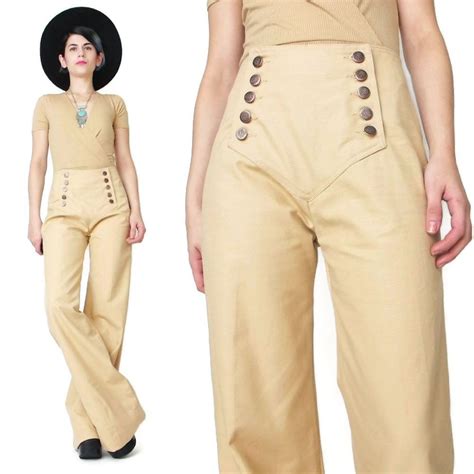 1970s Chemin De Fer Pants Sailor Pants Tan Khaki Cotton Pants Wide Leg