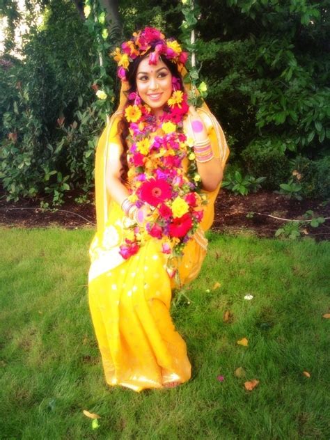Stunning Floral Crown And Necklace On A Bangladeshi Bride For Gaye Holud Colourful Outfits