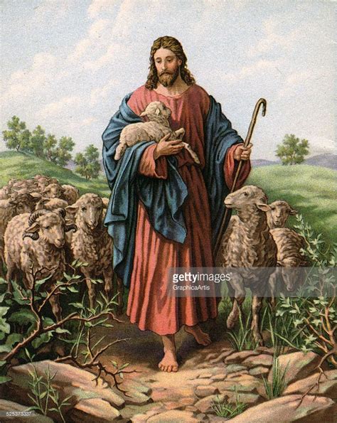 Vintage Illustration Of The Good Shepherd With Jesus Holding A Lamb
