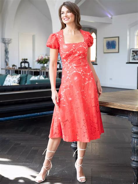 hotsquash a line lace contrast midi dress red beige at john lewis and partners