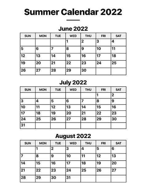Summer 2022 Calendar Printable