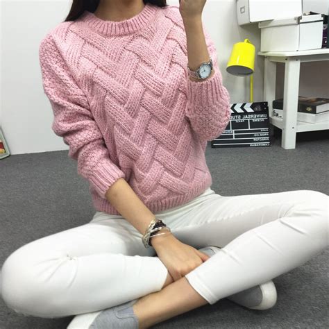 Misshow Knitted Korean Sweaters Women Casual O Neck Loose Pullovers Long Sleeve Solid Color
