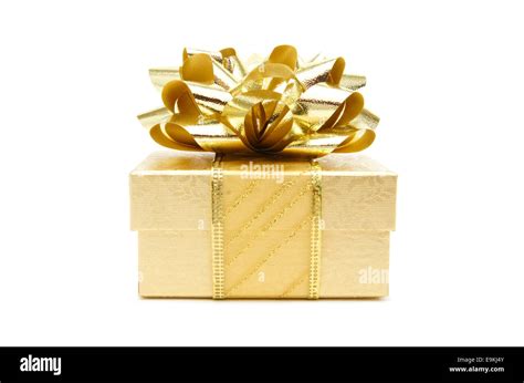 Gold Christmas Gift Box With Bow And Ribbon Over A White Background Stock Photo Alamy
