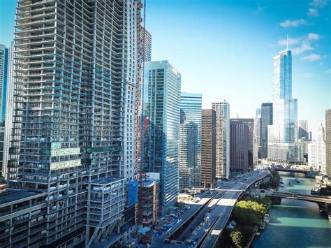 Top View Skyline And Office Buildings Along Chicago River Stock Photo