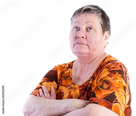 Bored Senior Woman Is Looking Up Isolated White Background Ps