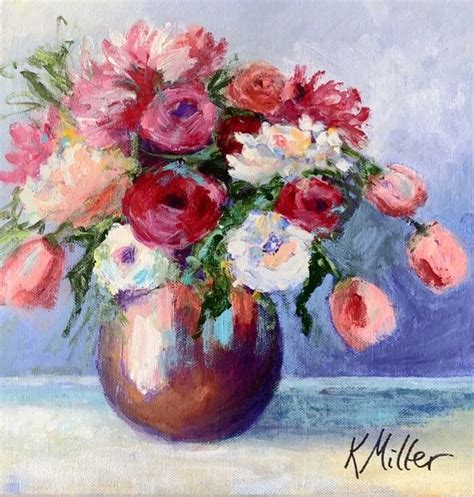 TULIPS AND DAHLIAS IN VASE A NEW 12 X12 KATHY MILLER PAINTING SOLD