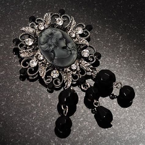 Avalaya Antique Silver Black Charm Cameo Brooch Brooches