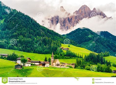 View Of The Church Of St Magdalena In In Val Di Funes Valley Stock