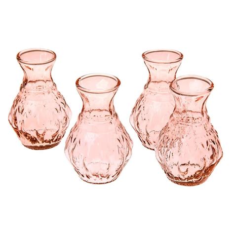 4 Pack Vintage Pink Glass Vases 4 Inch Bernadette Mini Ribbed Design Decorative Flower