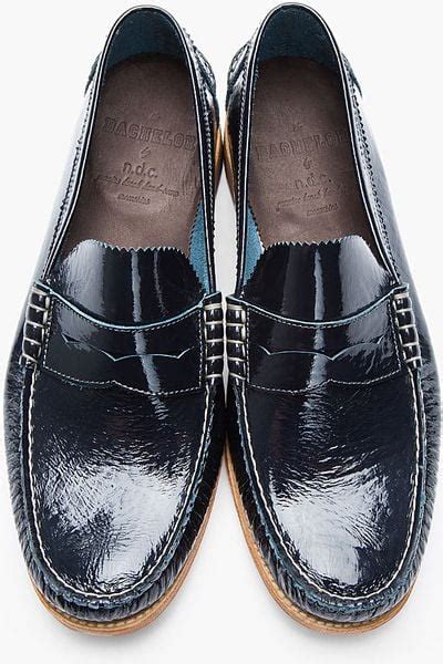 Ndc Navy Patent Leather Bachelor Luxor Penny Loafers In Blue For Men