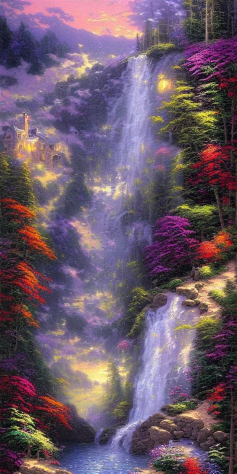 A Beautiful Waterfall In The Style Thomas Kinkade Stable Diffusion