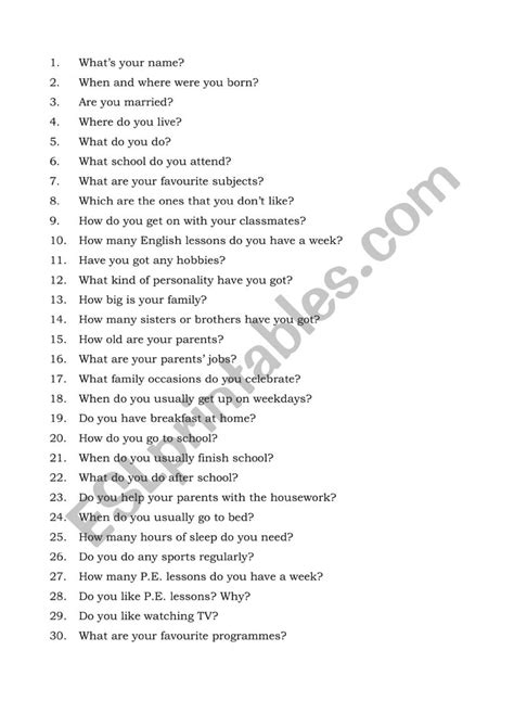 30 Questions And Answers Esl Worksheet By Erika1972