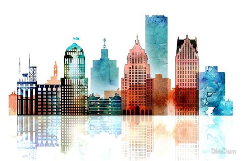 Detroit Skyline Watercolor Michigan Cityscape Art Canvas Print By
