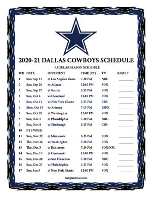 printable   dallas cowboys schedule