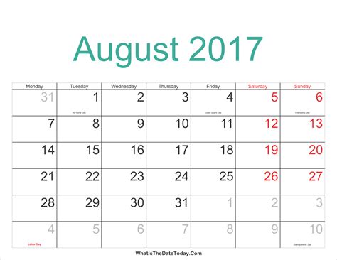 August 2017 Calendar Printable With Holidays Whatisthedatetodaycom
