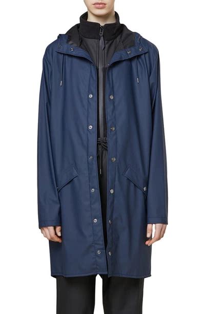 Rains Waterproof Hooded Long Rain Jacket In Navy Modesens