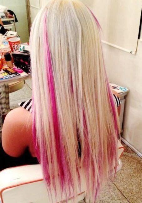 Hot Pink Streaks In Long Blonde Hair