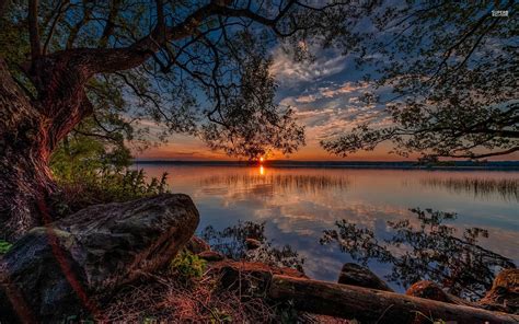 Amazing Sunset By The Lake Hd Wallpaper