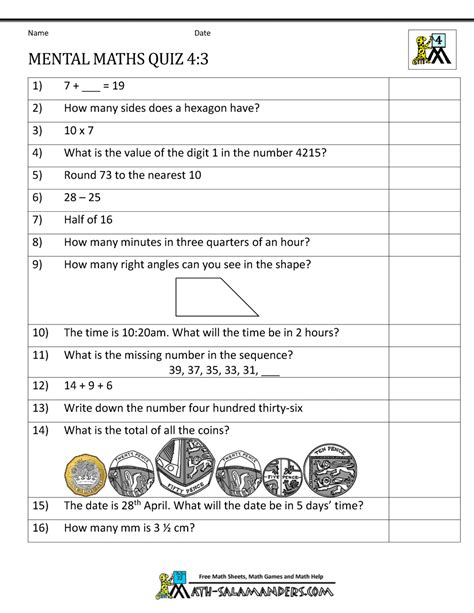 Mental Maths Test Year 4 Worksheets