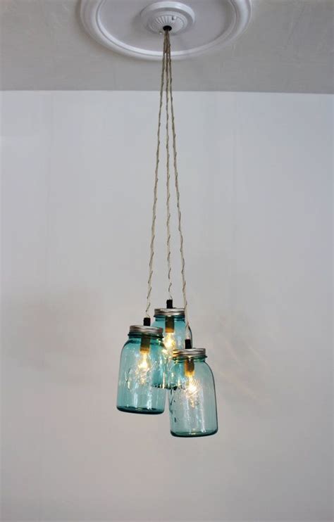 Mason Jar Chandelier Pendant Light 3 Vintage Aqua Blue Mason Etsy